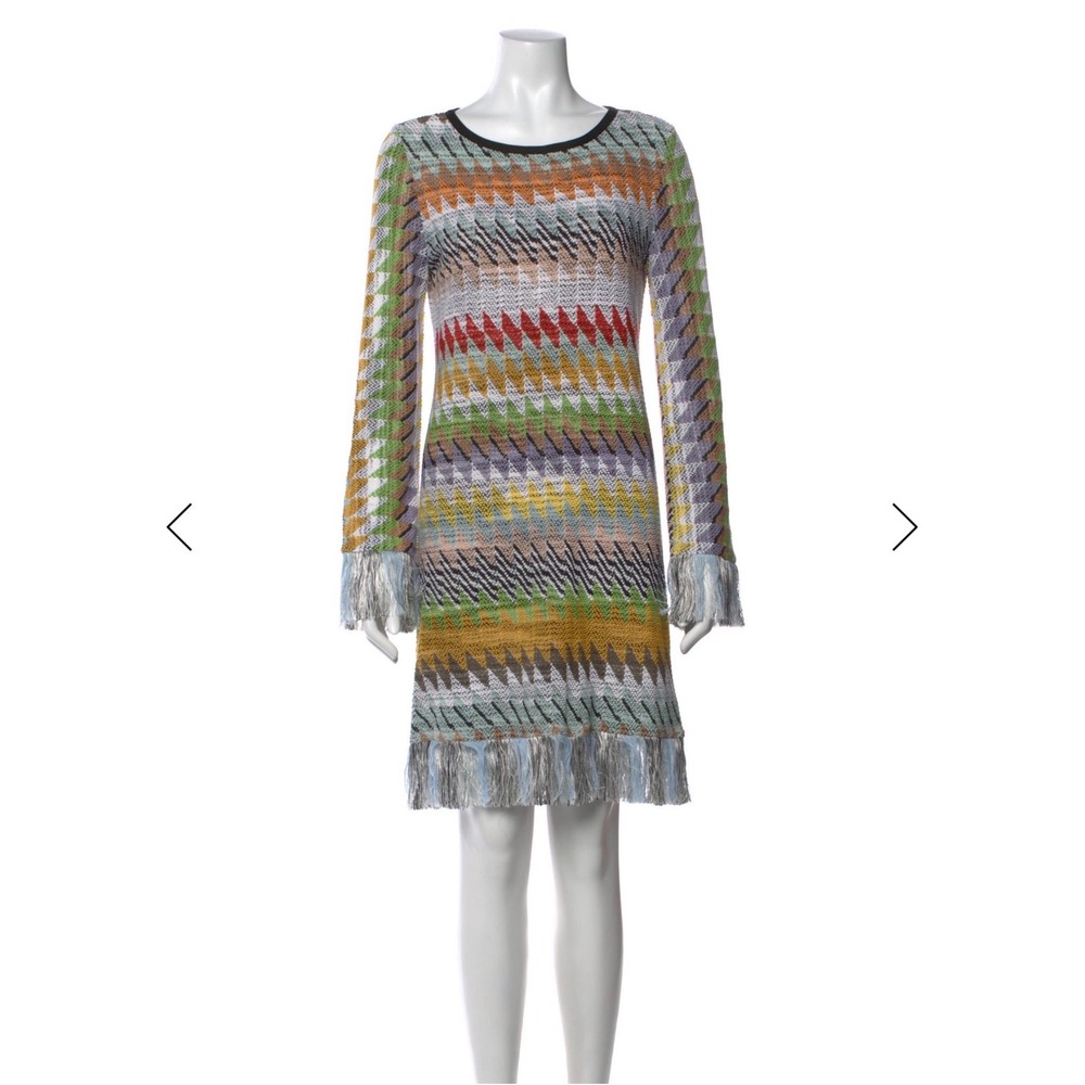 Missoni Knit Dress Women 42 Multi Color Excellent Zigzag Fringe Crochet Long Slv
